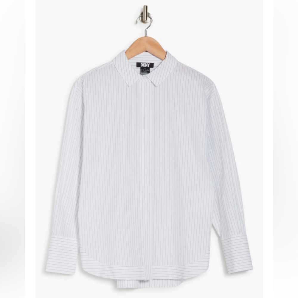 DKNY | New Pinstripe Banded Hem Button Down Shirt Blouse White Black xs NWT